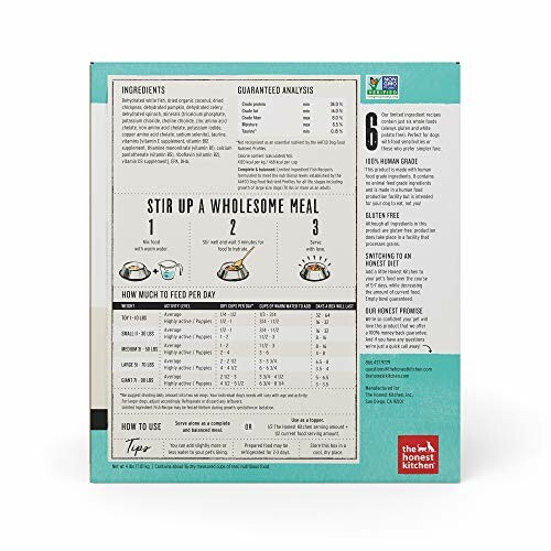 Back of pet food packaging with feeding instructions and nutritional information.